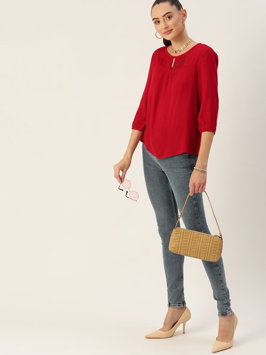 DressBerry Red Keyhole Neck Woven Top