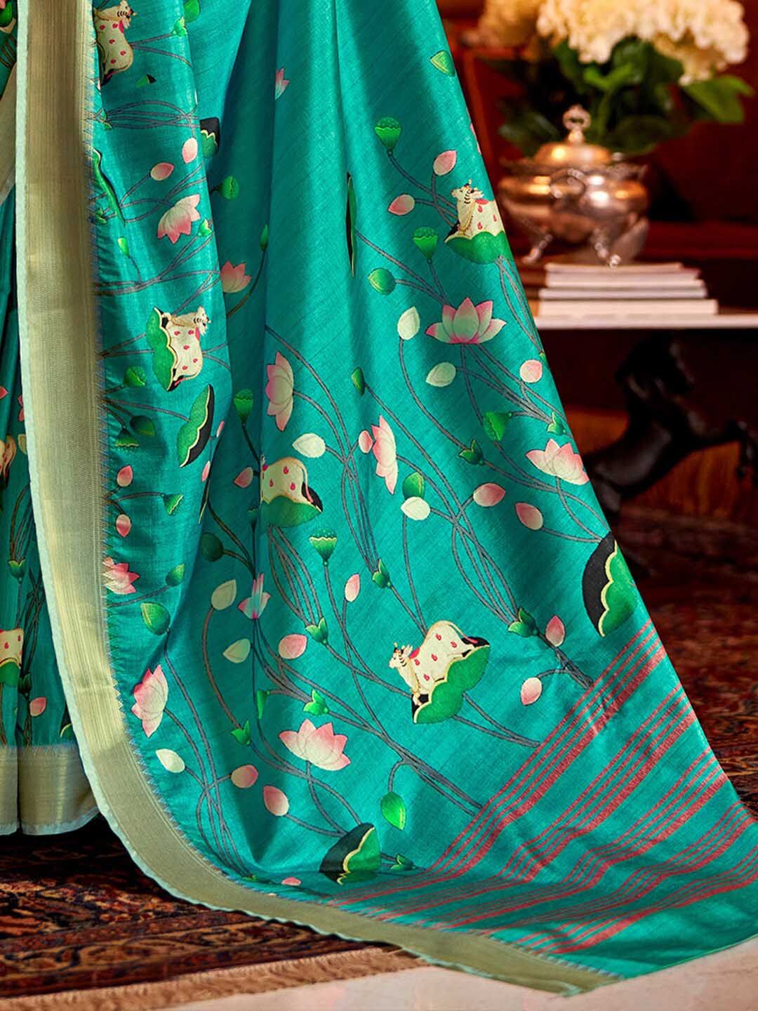 Saree Mall Pichwai Animal Print Zari Sungudi Sarees with Matching Blouse