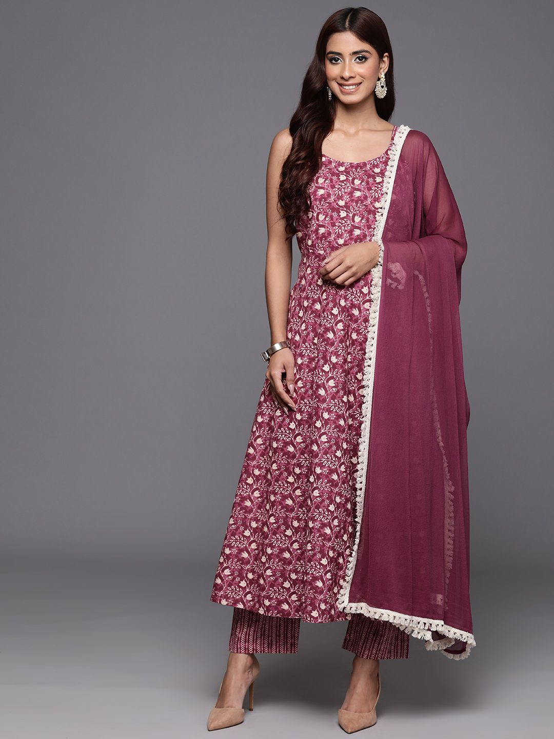 Varanga Floral Printed Pure Cotton Anarkali Kurta with Trousers & Dupatta