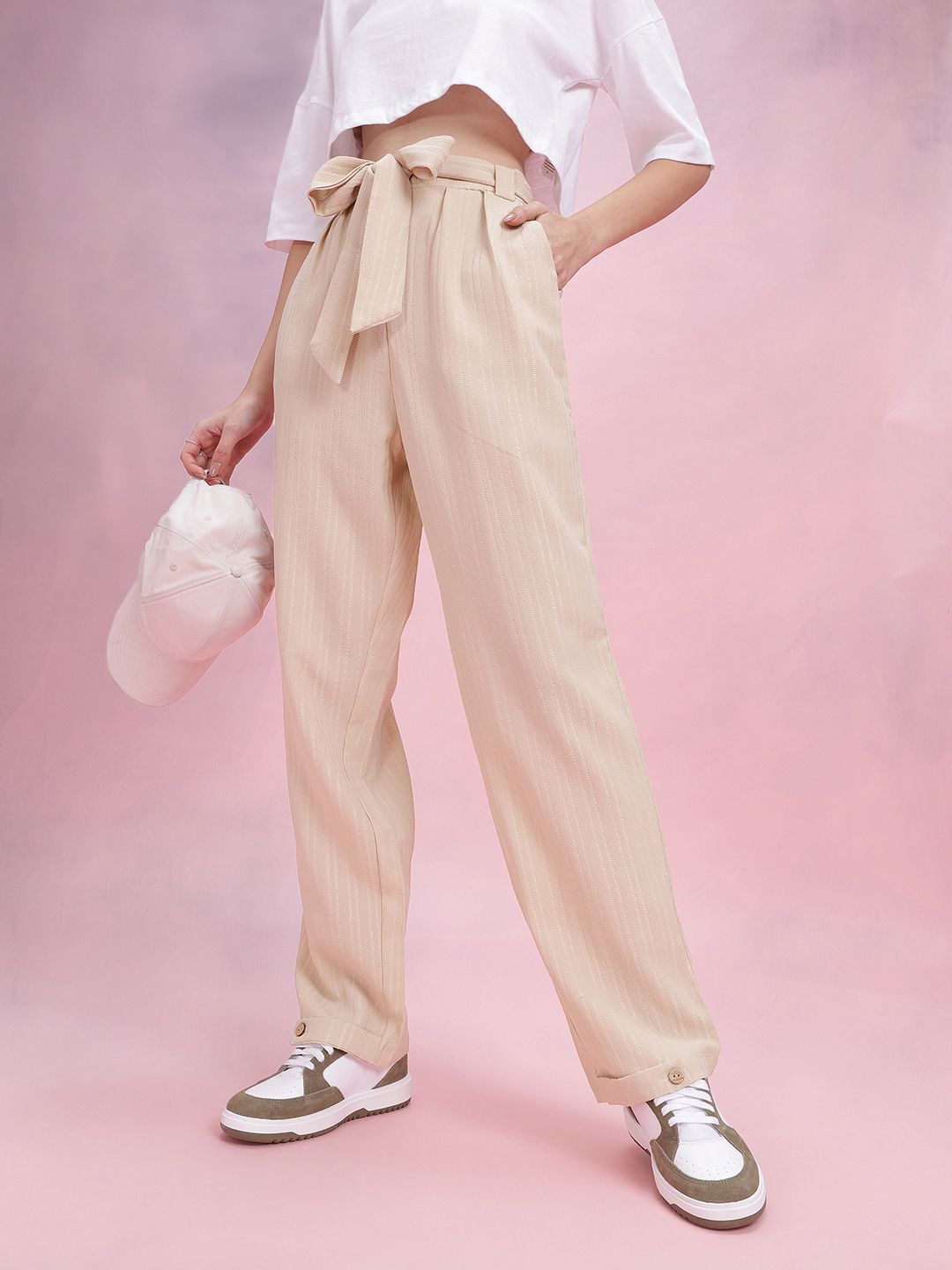 DressBerry Women Self Striped Belted Trousers