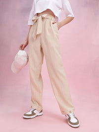DressBerry Women Self Striped Belted Trousers