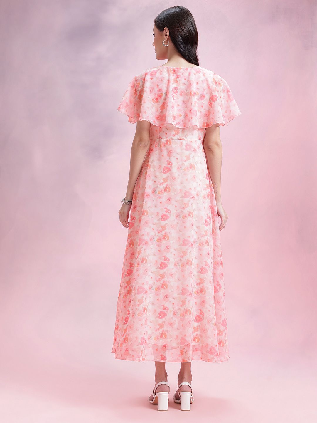 DressBerry Floral Print Flutter Sleeves Ruffled Detail Georgette Maxi A-Line Dress