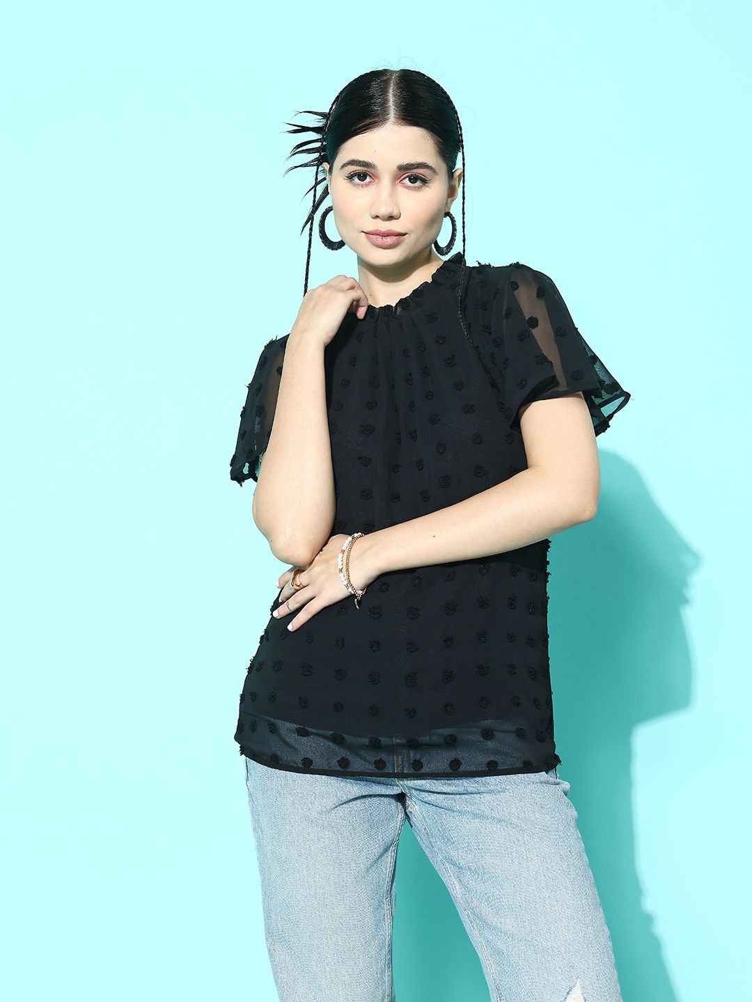 Berrylush Flutter Sleeve Dobby Blouson Top