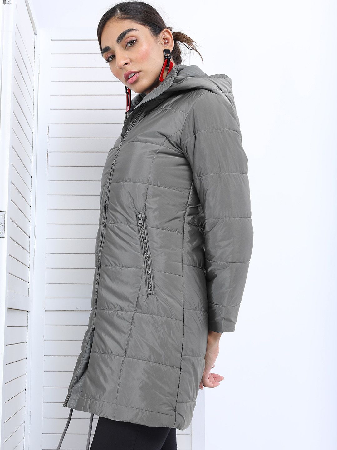 Tokyo Talkies Women Charcoal Solid Nylon Longline Hooded Padded Jacket