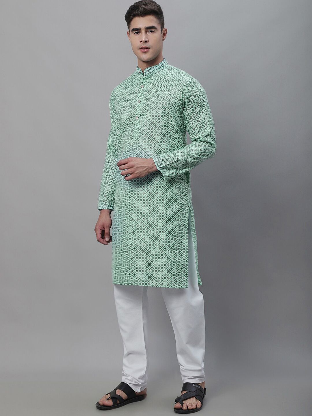 SOJANYA Lelaki Motif Etnik Hijau Laut Bercetak Kurta Biasa dengan Churidar