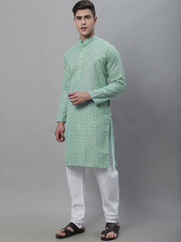 SOJANYA Lelaki Motif Etnik Hijau Laut Bercetak Kurta Biasa dengan Churidar