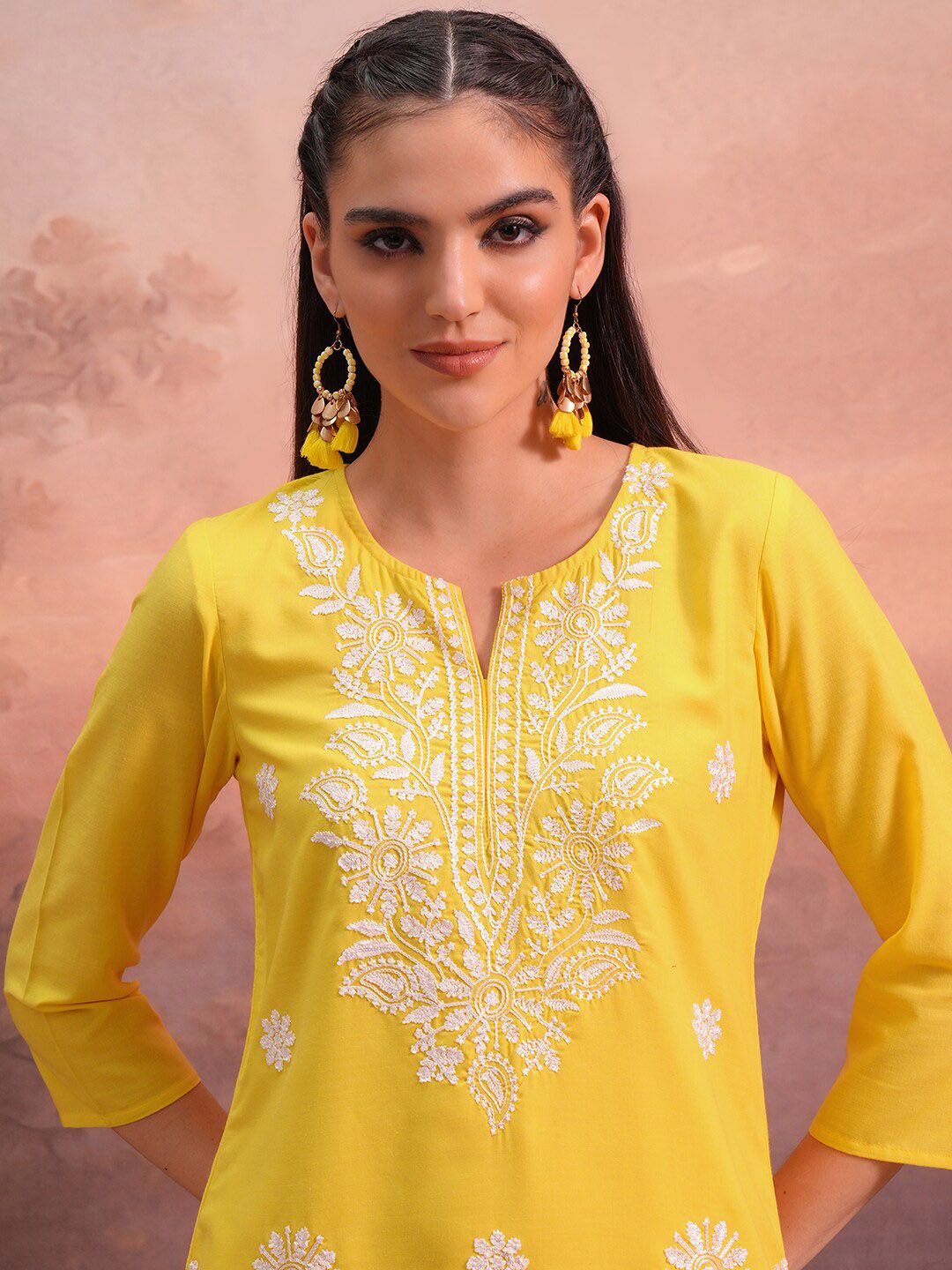 Vishudh Yellow Floral Embroidered Straight Kurta