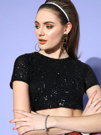 SASSAFRAS Black Sequin Embellished Net Crop Top