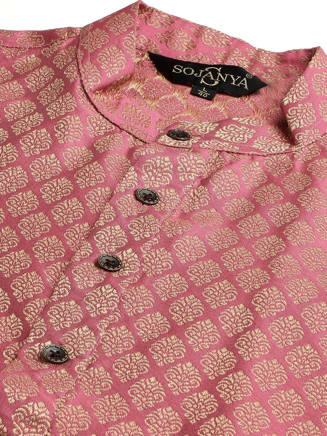 SOJANYA Men Pink Ethnic Motifs Kurta with Churidar & Nehru Jacket