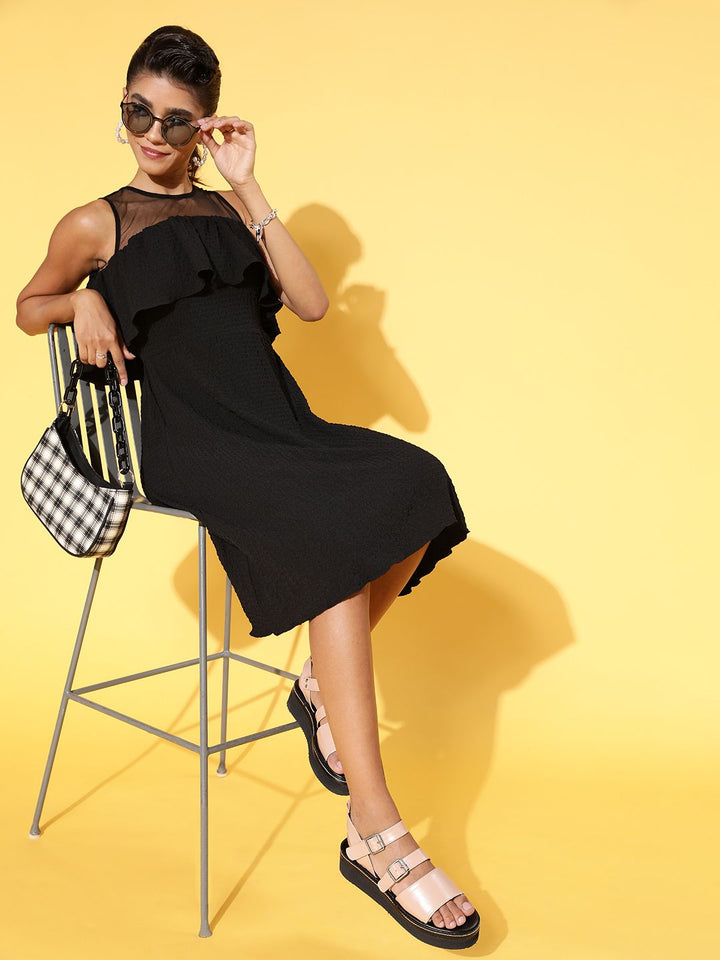 Athena Women Stylish Black Solid Feminine Frills Dress
