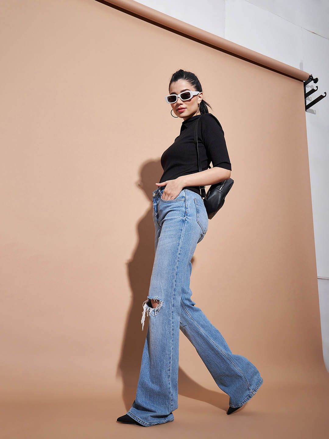 SASSAFRAS BASICS Ribbed Shirt Collar Cotton Top