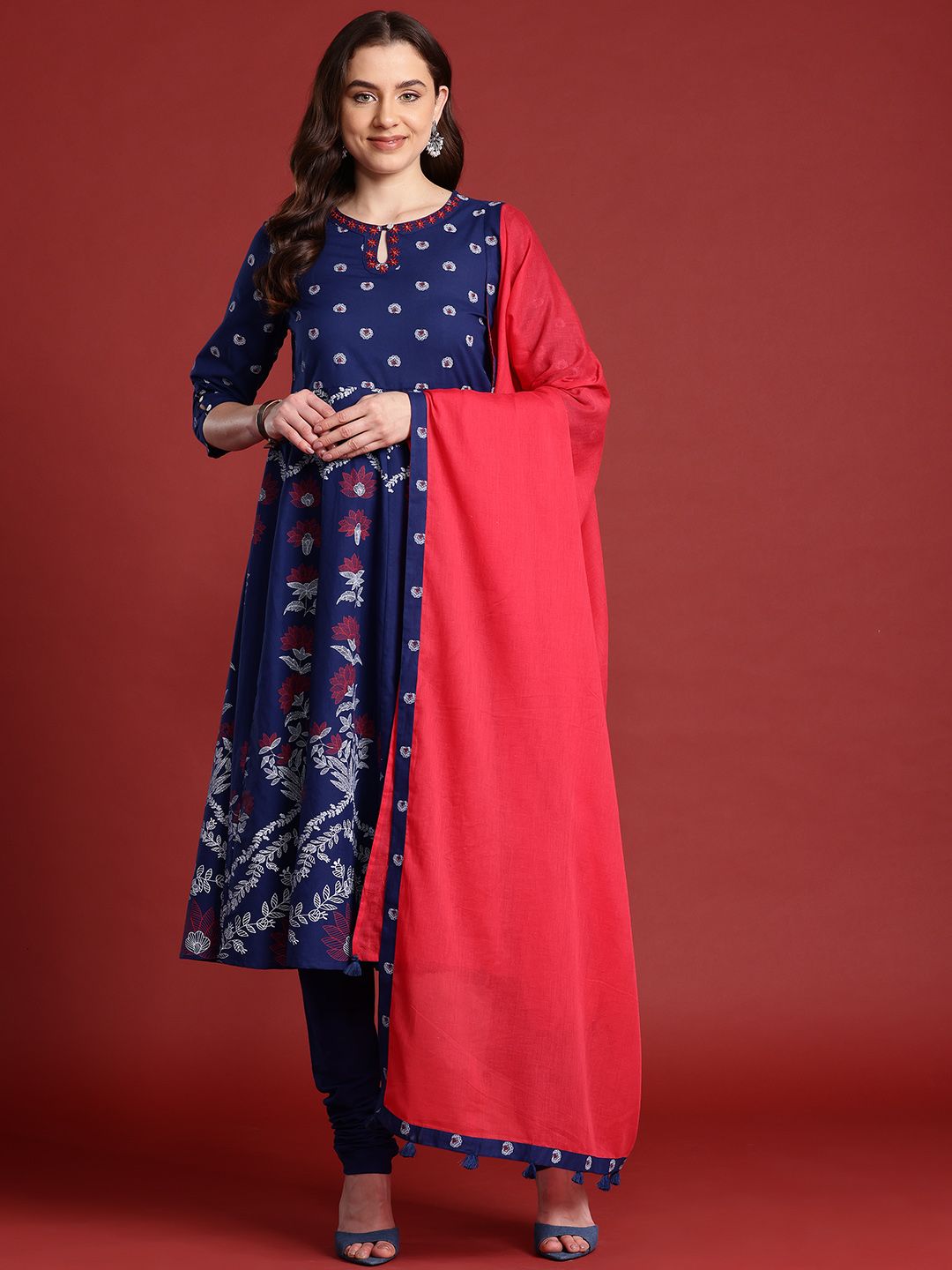 Anouk X Kaarkhana Floral Printed Pleated Pure Cotton Kurta with Churidar & Dupatta