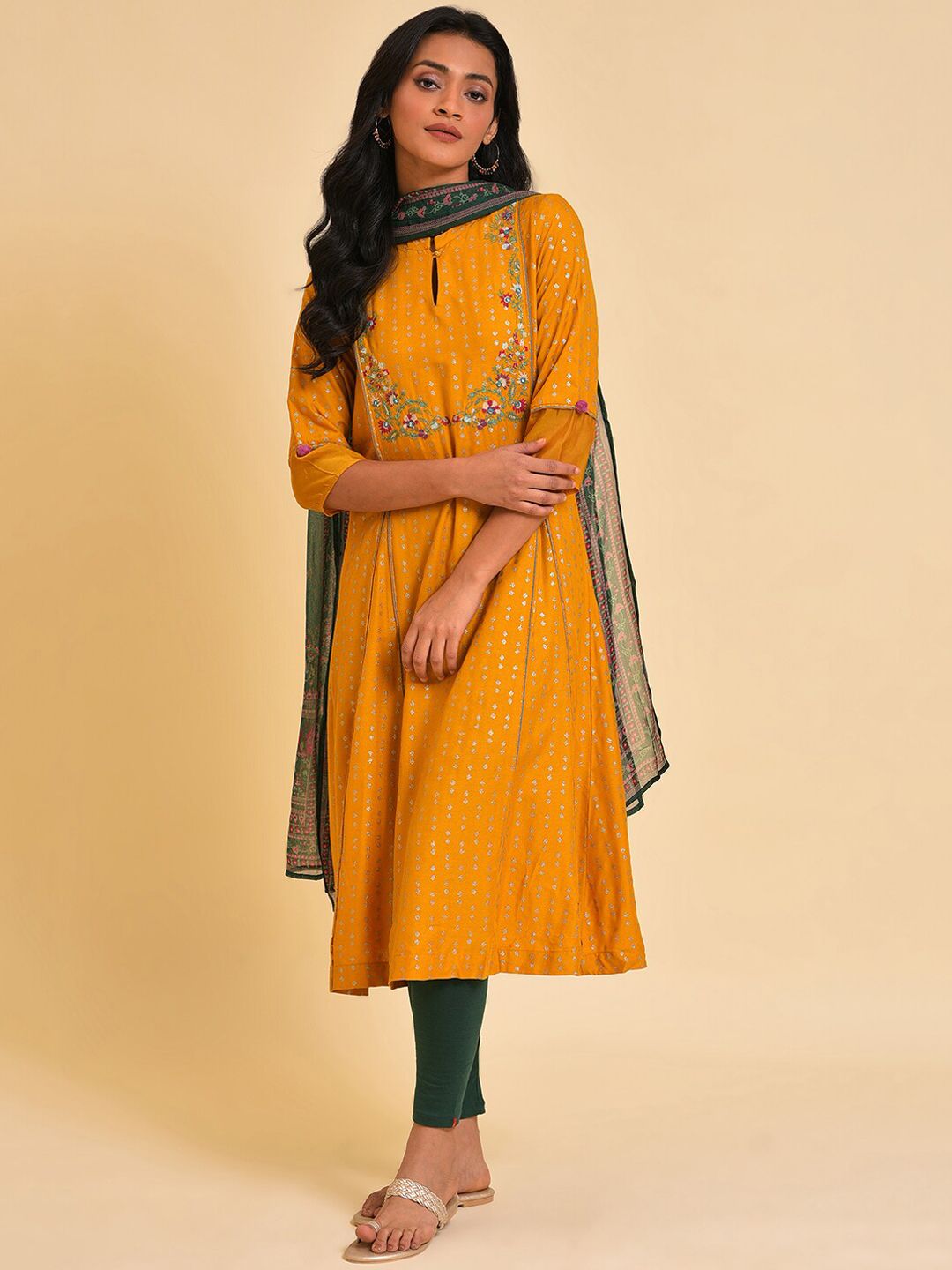 W Mustard Yellow & Green Embroidered Panelled A-Line Kurta Leggings & Dupatta