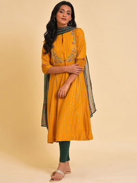 W Mustard Yellow & Green Embroidered Panelled A-Line Kurta Leggings & Dupatta