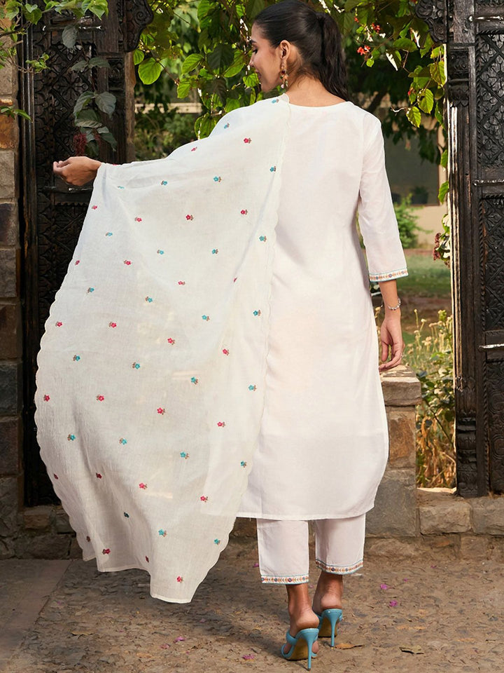 Indo Era Floral Embroidered Pure Cotton Straight Kurta With Trousers & Dupatta