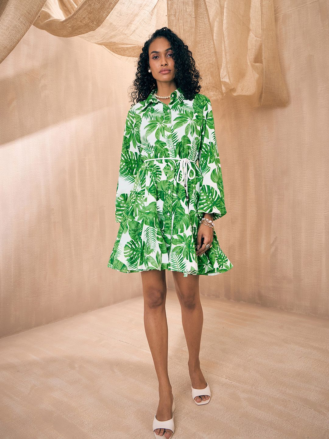 Pink Paprika by SASSAFRAS Green Tropical Printed Belted Shirt Dress