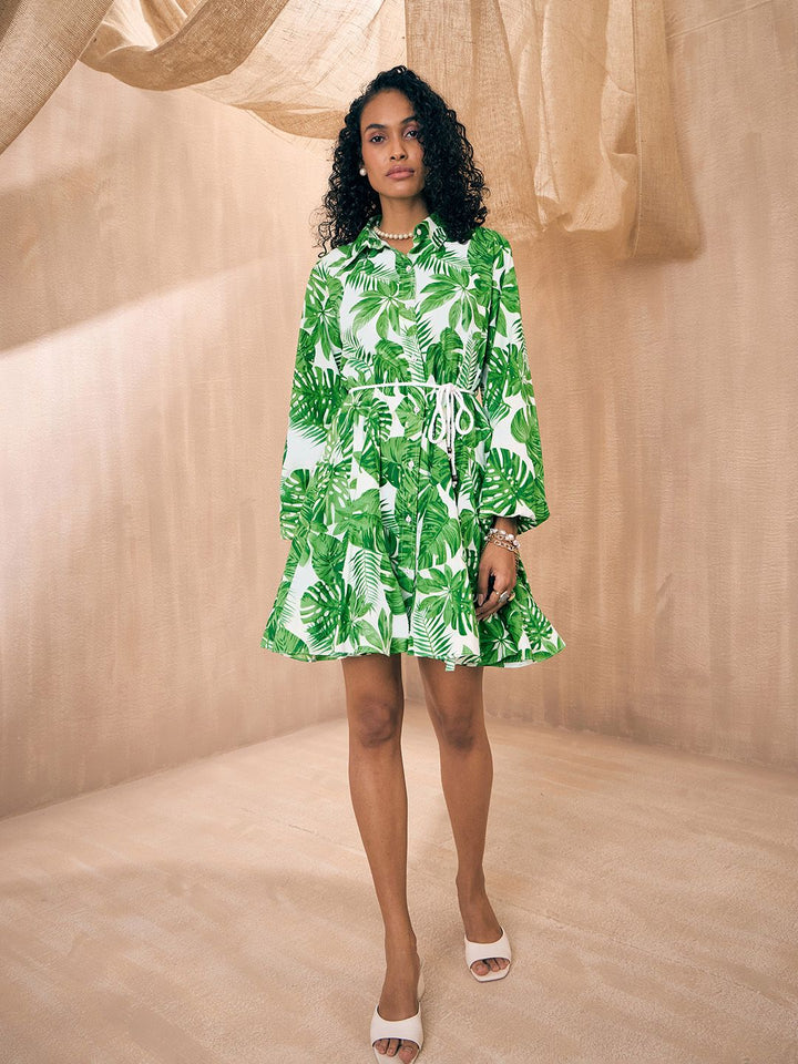 Pink Paprika by SASSAFRAS Green Tropical Printed Belted Shirt Dress