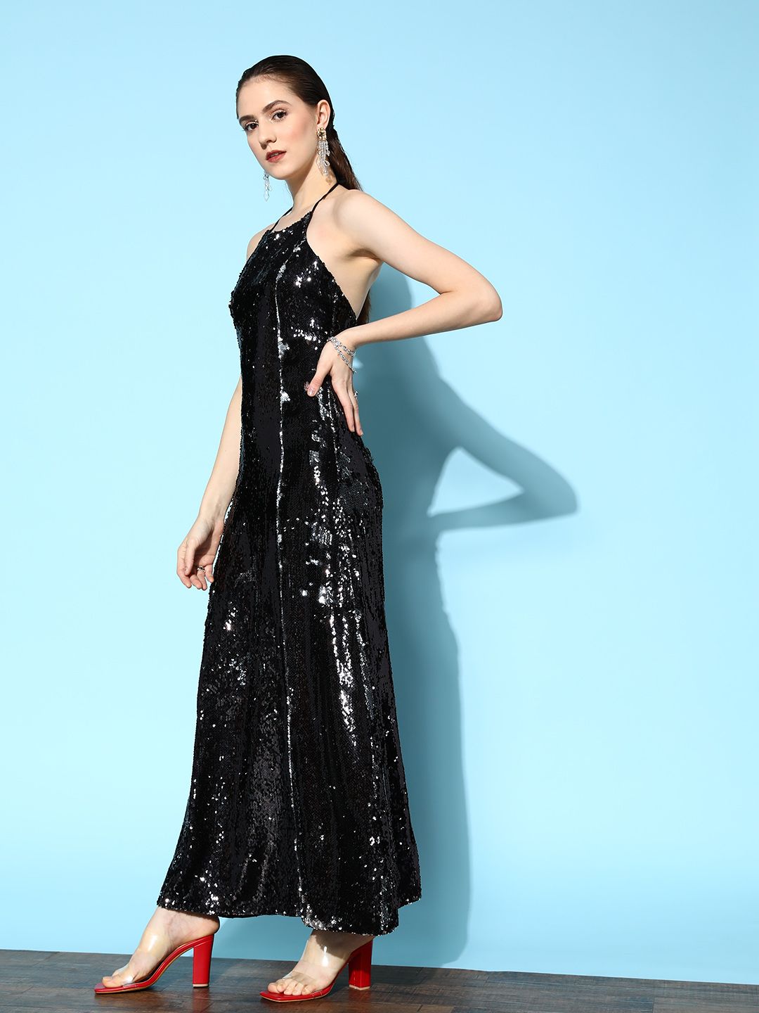 Berrylush Black Halter Neck Sequined Bodycon Maxi Dress