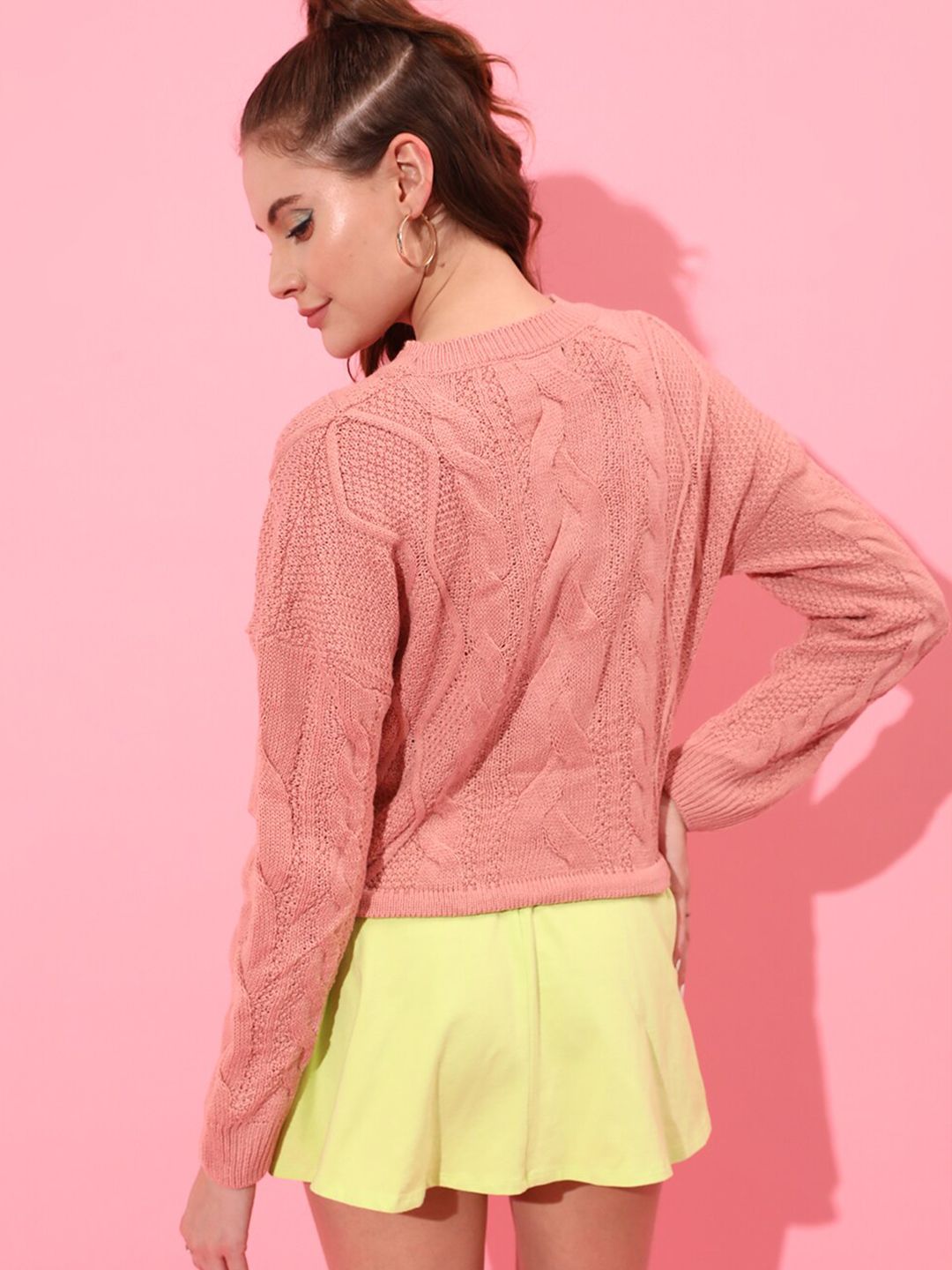 STREET 9 Women Peach-Coloured Acrylic Cable Knit Crop Pullover