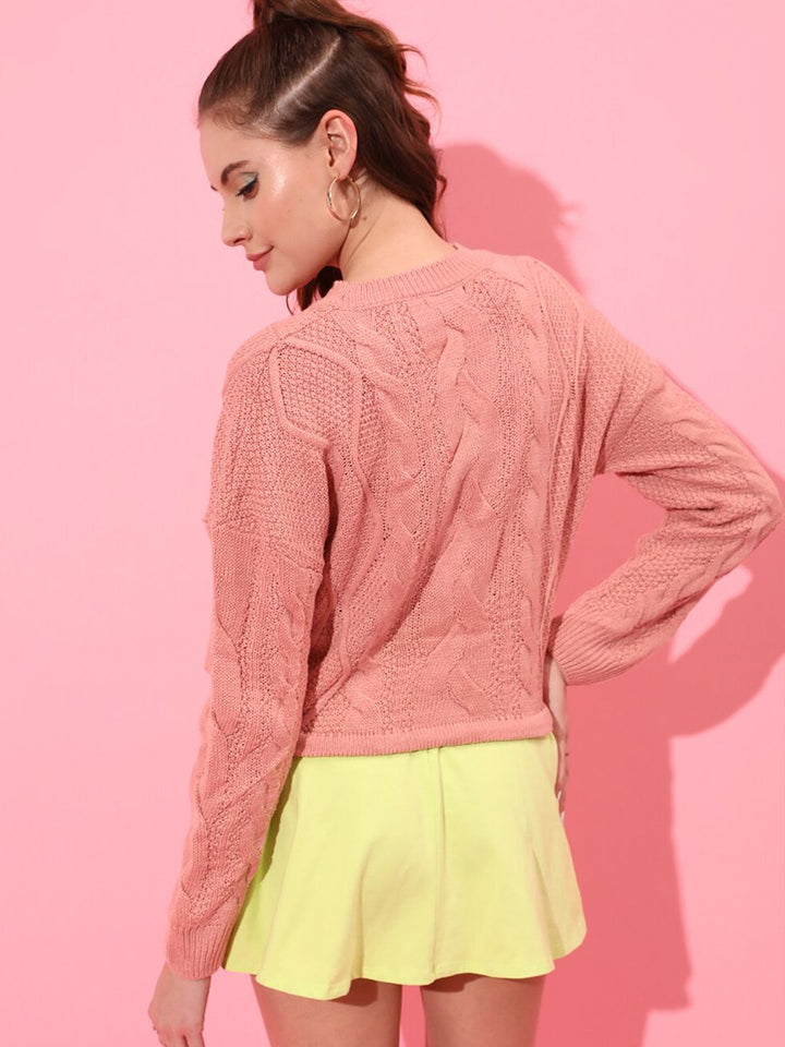 STREET 9 Women Peach-Coloured Acrylic Cable Knit Crop Pullover