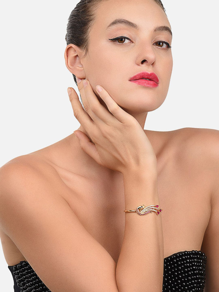 Zaveri Pearls Gold-Plated Peacock Shaped Cubic Zirconia Studded Kada Bracelet