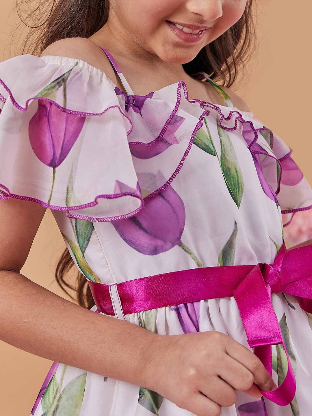 pspeaches Girls Floral Printed Cold-Shoulder Bow Fit & Flare Midi Dress