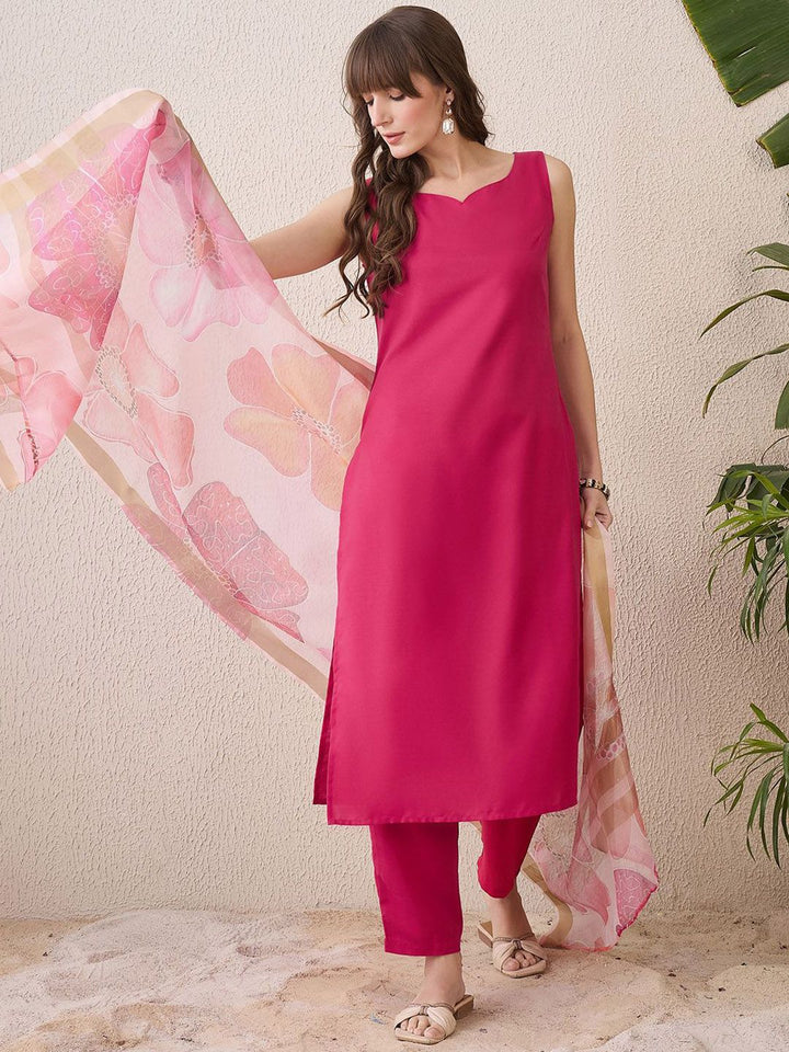 Indo Era Floral Printed Sweetheart Neck Cotton Straight Kurta With Trousers & Dupatta