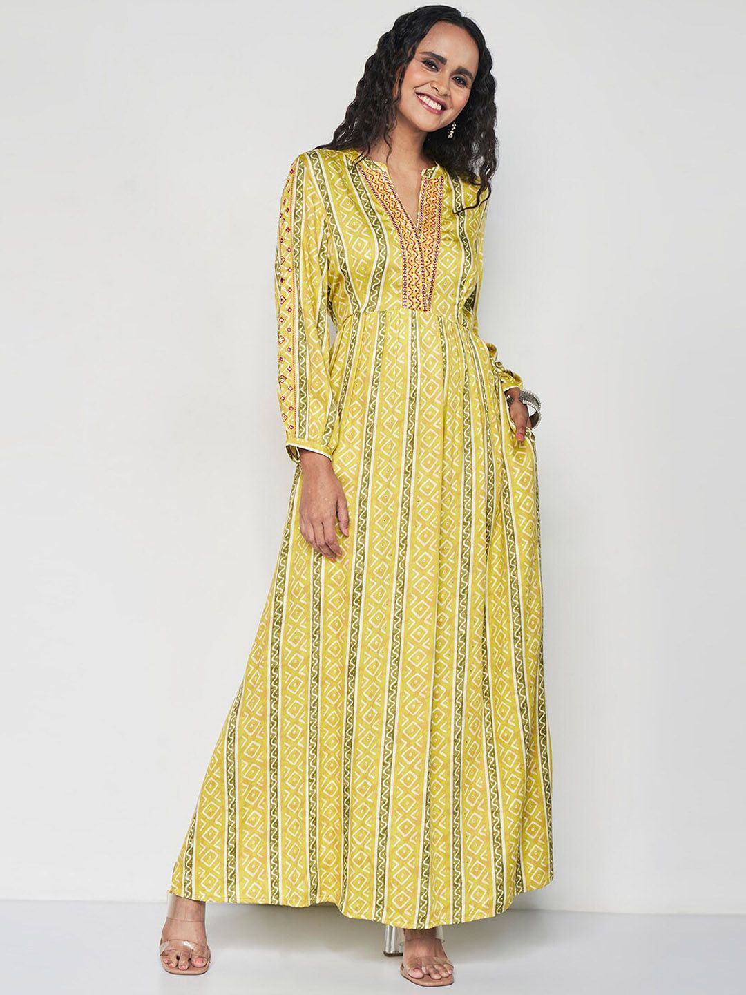 Global Desi Ethnic Motifs Printed Mandarin Collar Cuffed Sleeves Maxi Ethnic Dress