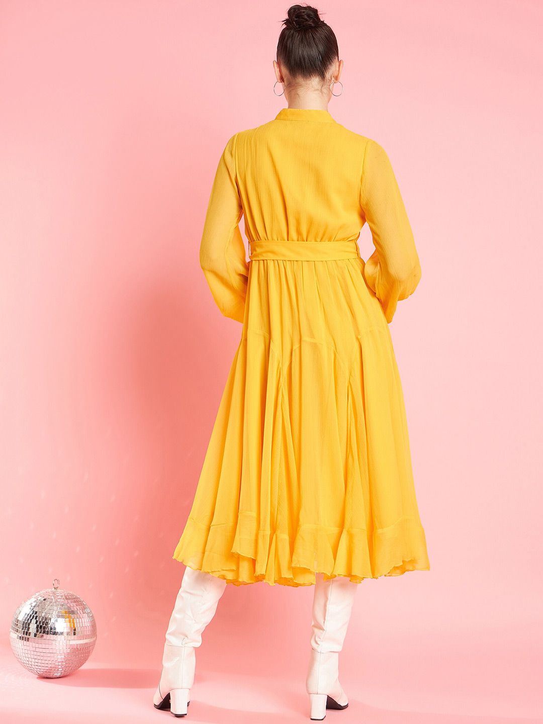 Antheaa Yellow V-Neck Balut Bishop Lengan Fit & Flare Midi Party Dress