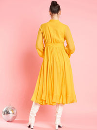 Antheaa Yellow V-Neck Wrap Bishop Sleeves Fit & Flare Midi Party Dress