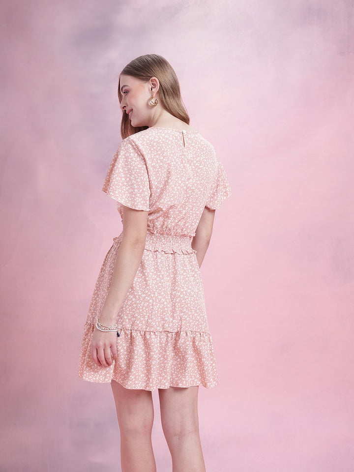 DressBerry Floral Print Smocked Detail Flared Sleeves A-Line Dress