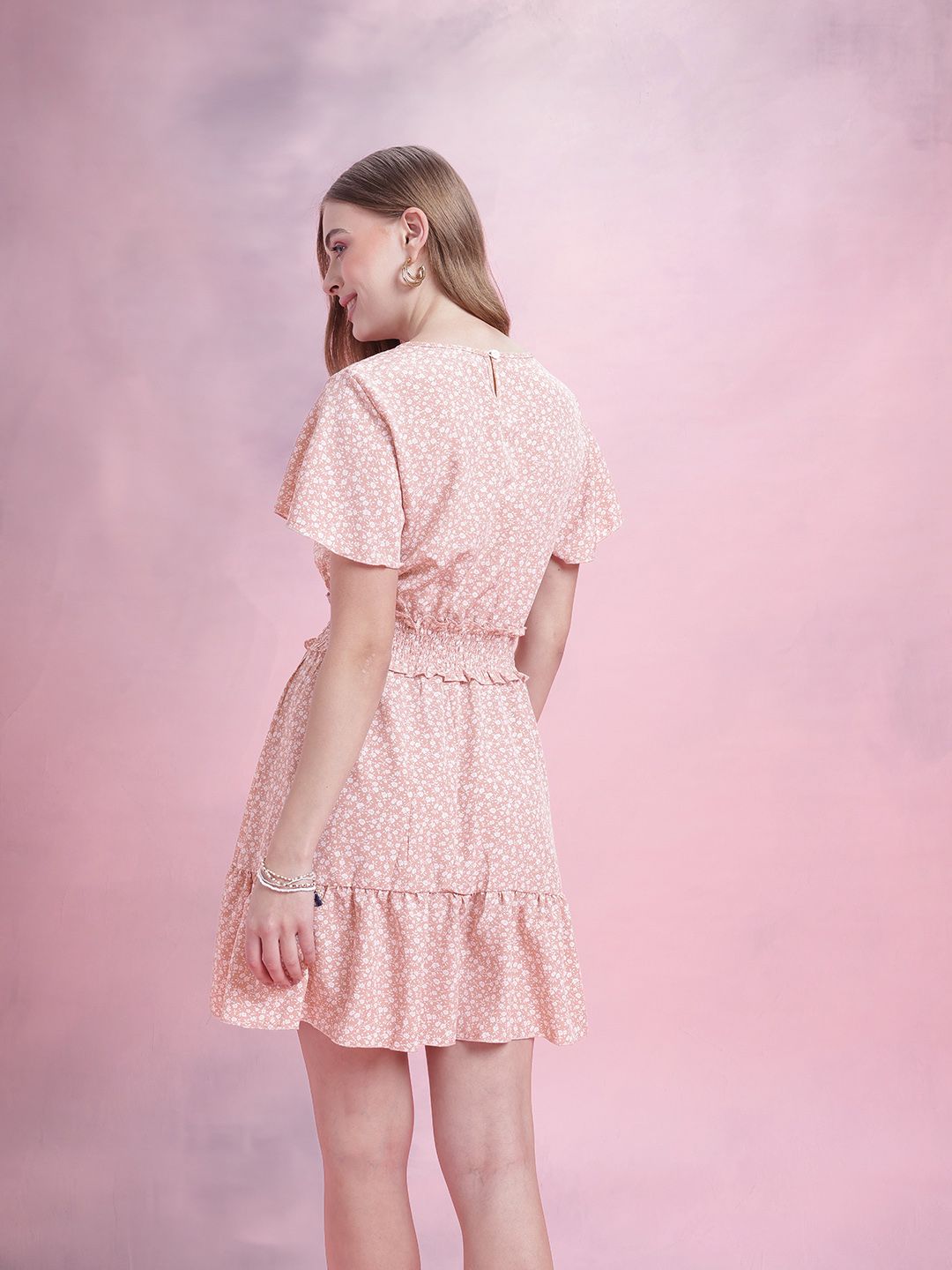 DressBerry Floral Print Smocked Detail Flared Sleeves A-Line Dress