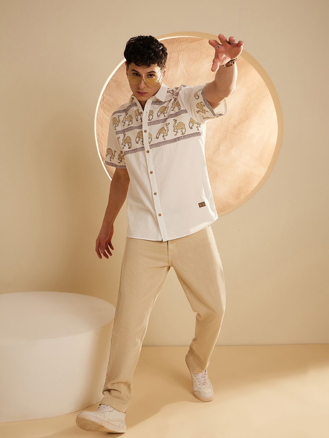 DENNISON Smart Ethnic Motifs Printed Spread Collar Oversized Cotton Casual Shirt