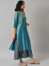 Aurelia Women Blue Zari Embroidered Kurta with Printed Culottes