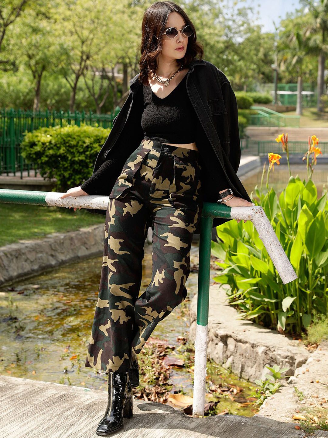 STREET 9 Women Olive Green High-Rise Relaxed Straight Leg Camouflage Printed Trousers