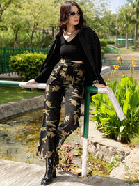 STREET 9 Women Olive Green High-Rise Relaxed Straight Leg Camouflage Printed Trousers