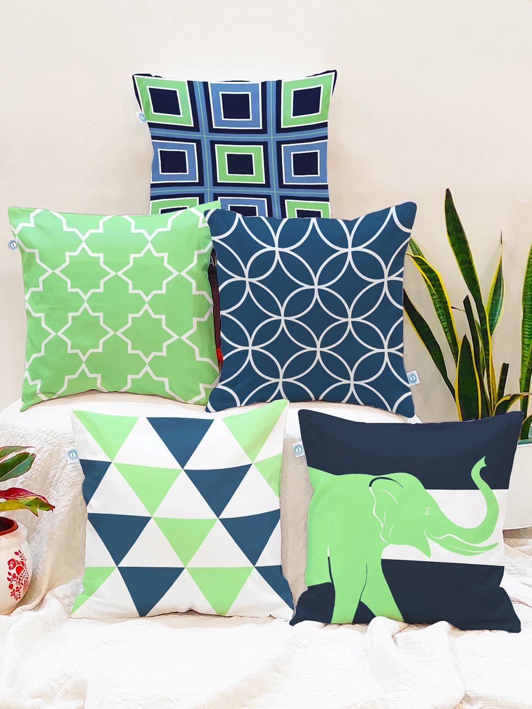 STITCHNEST Green & White Set of 5 Geometric Square Cushion Covers