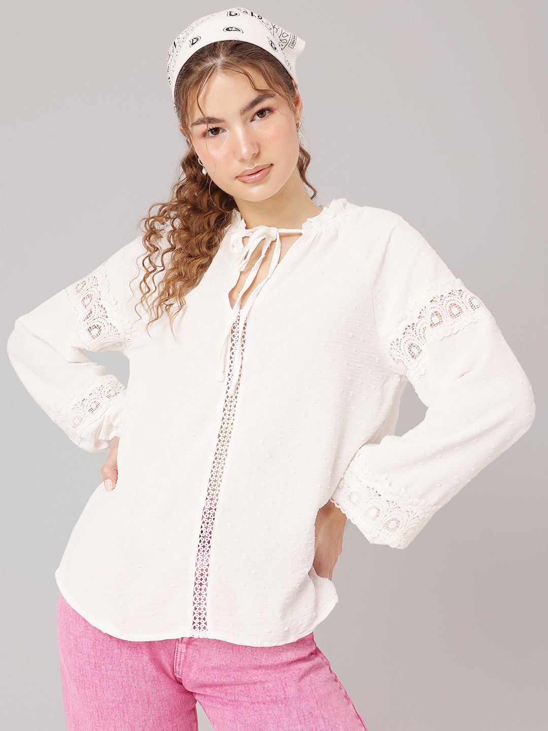DressBerry Lace Tempt Tie-Up Neck Dobby Weave Top