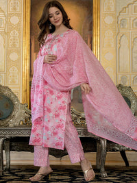 KALINI Floral Printed Thread Work Straight Kurta with Trousers & Dupatta