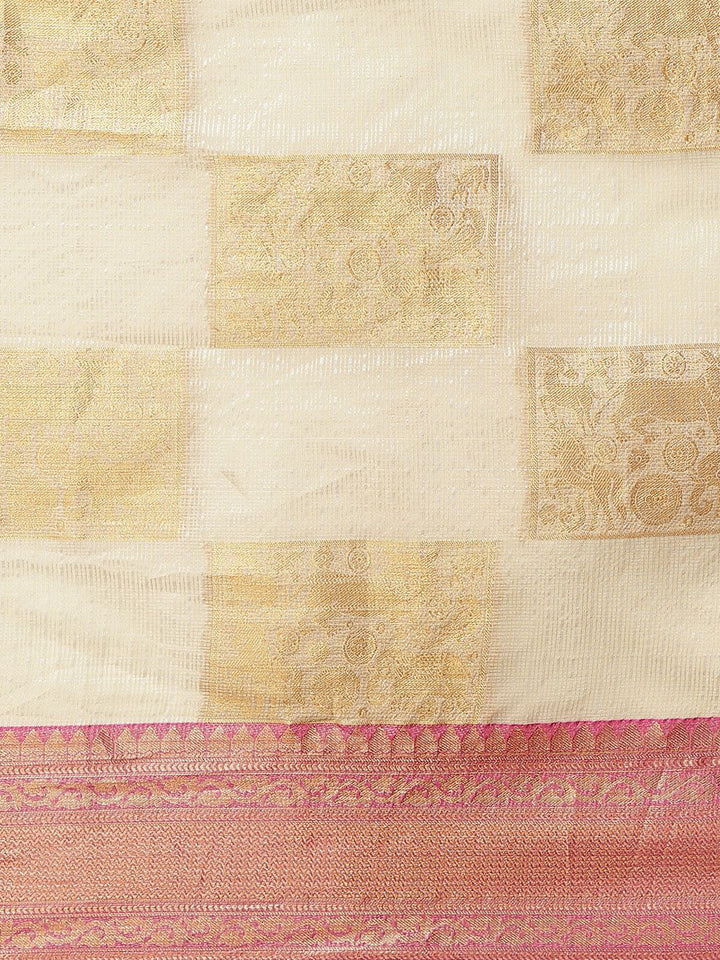 Silk Land Beige & Pink Woven Design Zari Jute Silk Tussar Saree