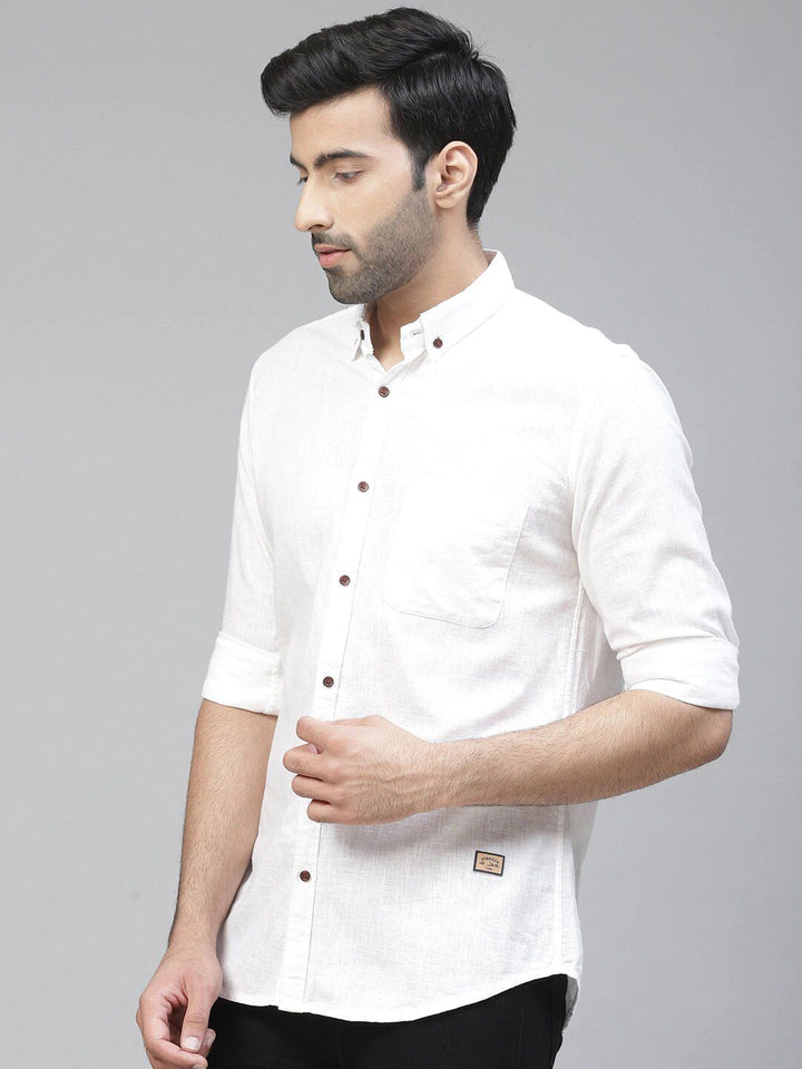 DENNISON Men White Smart Slim Fit Casual Cotton Linen Casual Shirt