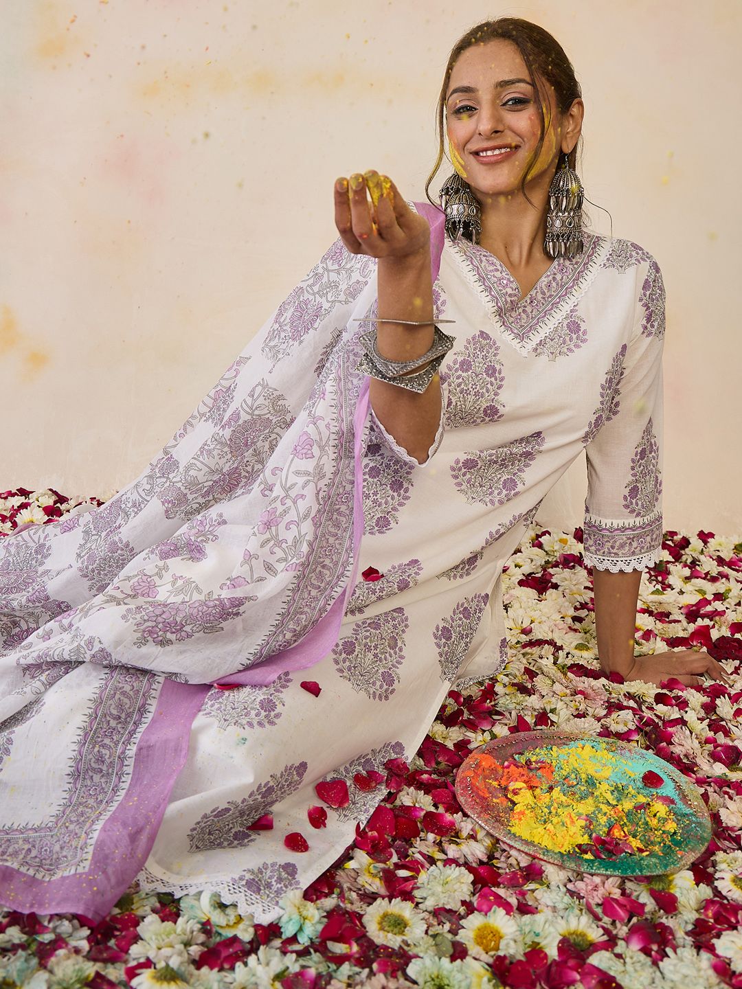 Indo Era Women Floral Printed Regular Sequinned Pure Cotton Kurta with Trousers & With Dupatta