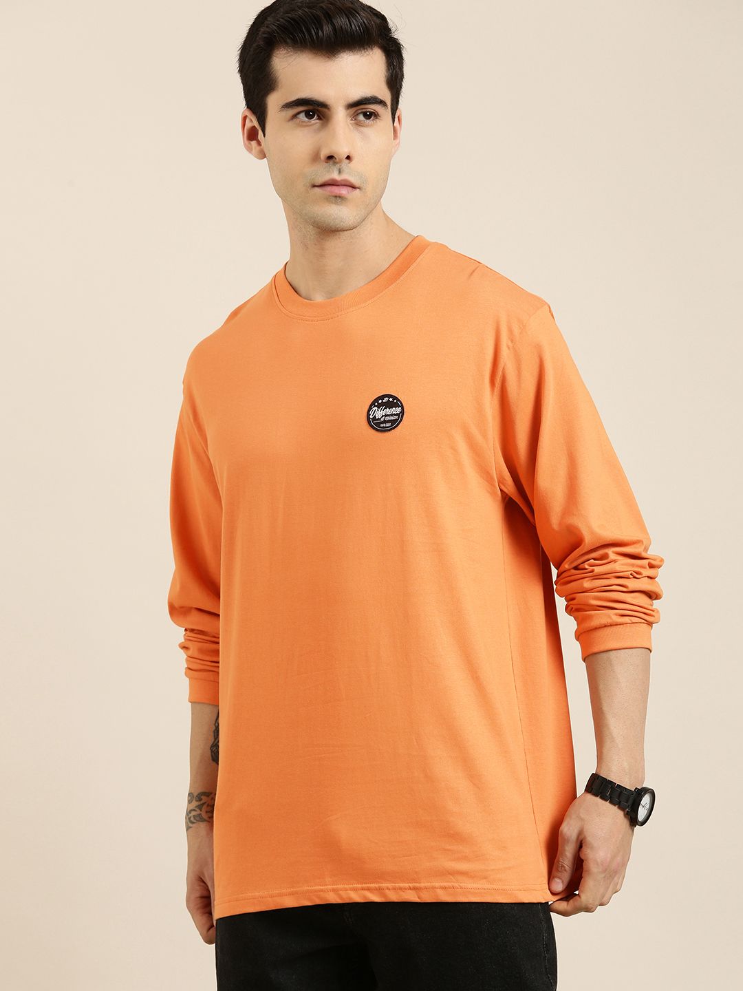 Difference of Opinion Men Coral Orange Printed Pure Cotton Loose Longline T-shirt