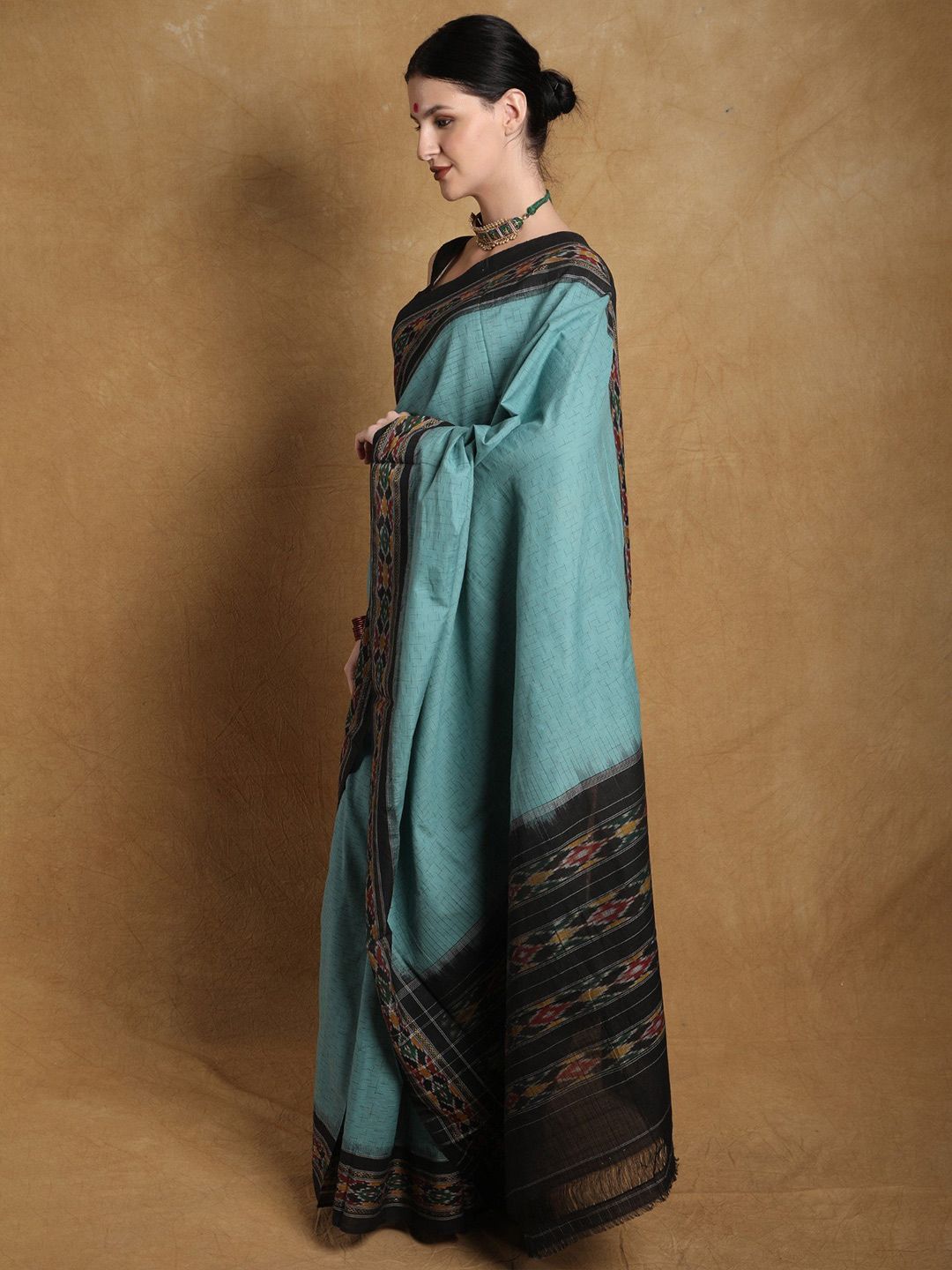 Exotic India Cotton Sambalpuri Coastal Shade Saree with Ikat Woven Border
