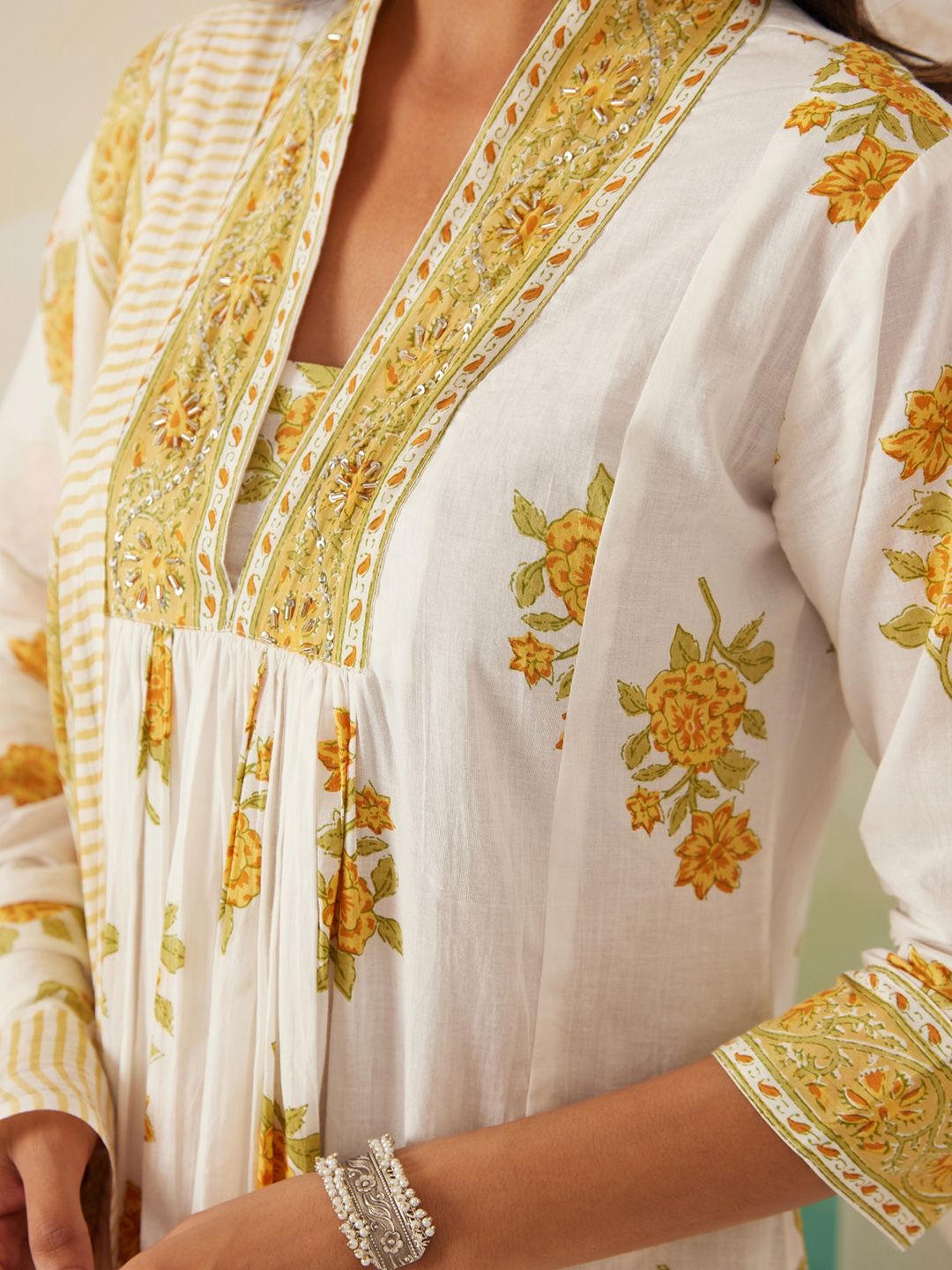 Indo Era Women Floral Printed Pleated Beads and Stones Pure Cotton Kurta with Trousers & With Dupatta