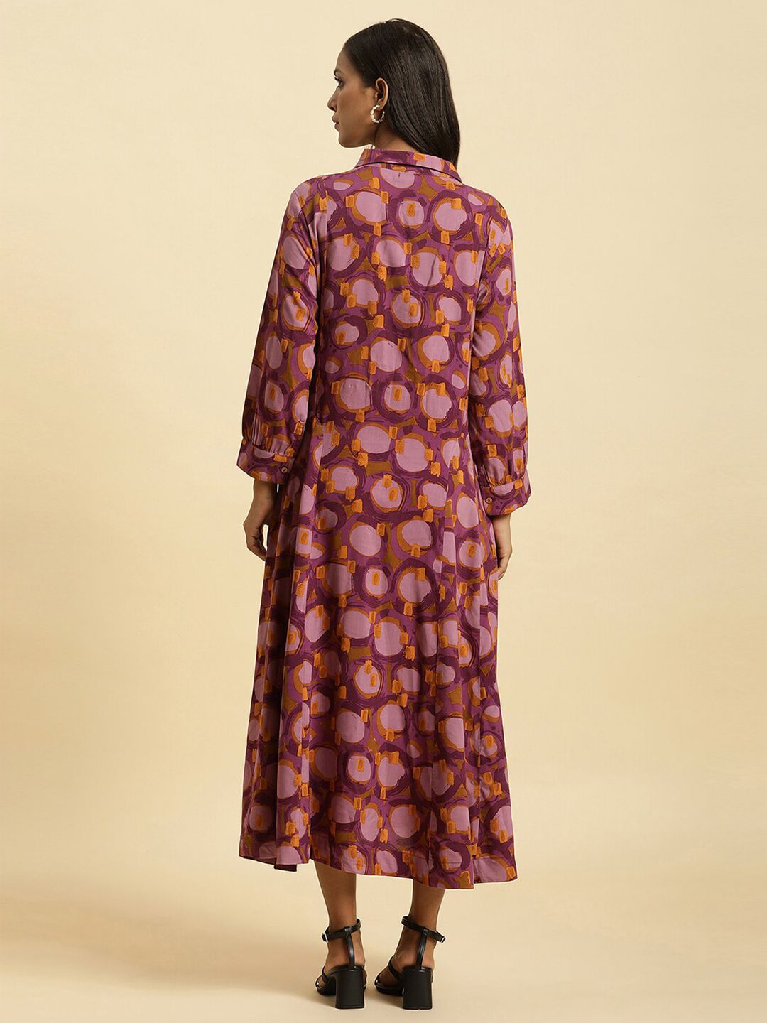 W Floral Printed Shirt Collar Cuffed Sleeves Shirt Style Dress