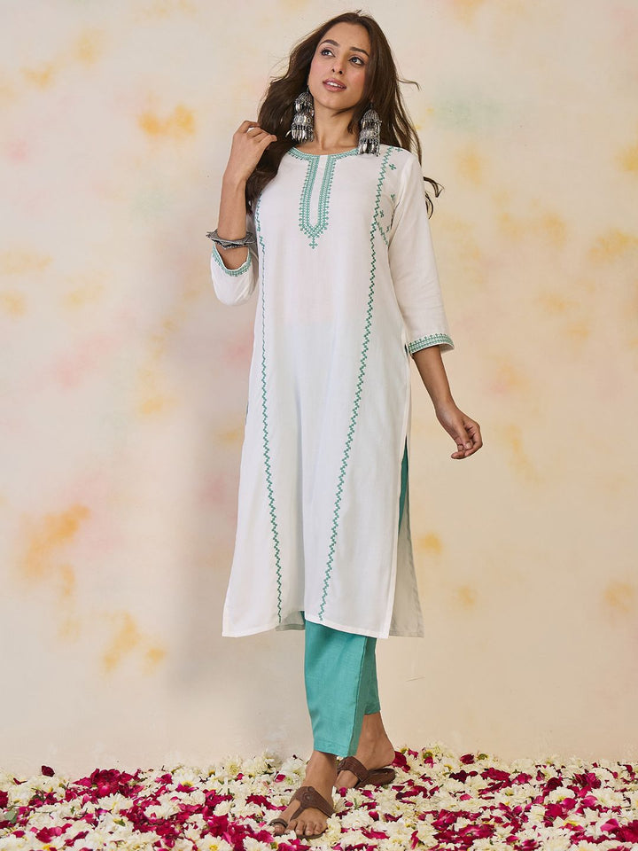 Indo Era Women Geometric Embroidered Thread Work Floral Kurta