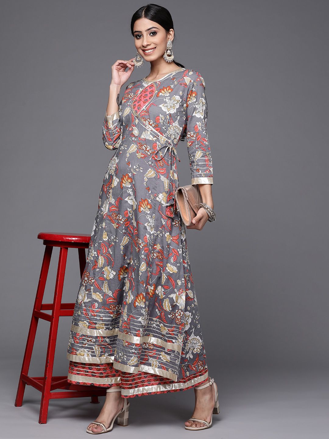 Varanga Women Grey & Pink Floral Print Angrakha Gotta Patti Pure Cotton Kurta with Sharara