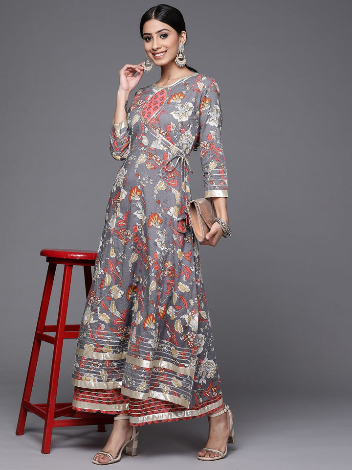 Varanga Women Grey & Pink Floral Print Angrakha Gotta Patti Pure Cotton Kurta with Sharara