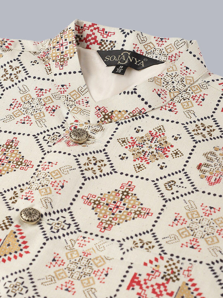 SOJANYA Men Ethnic Motifs Embroidered Pure Cotton Kurta With Pyjamas & Nehru Jacket